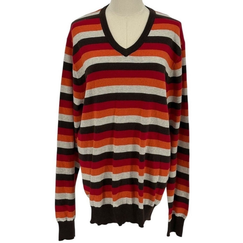 Old Navy Millennial Era (07-09) V Neck Sweater w/ Red, Orange, Brown Stripes (L)